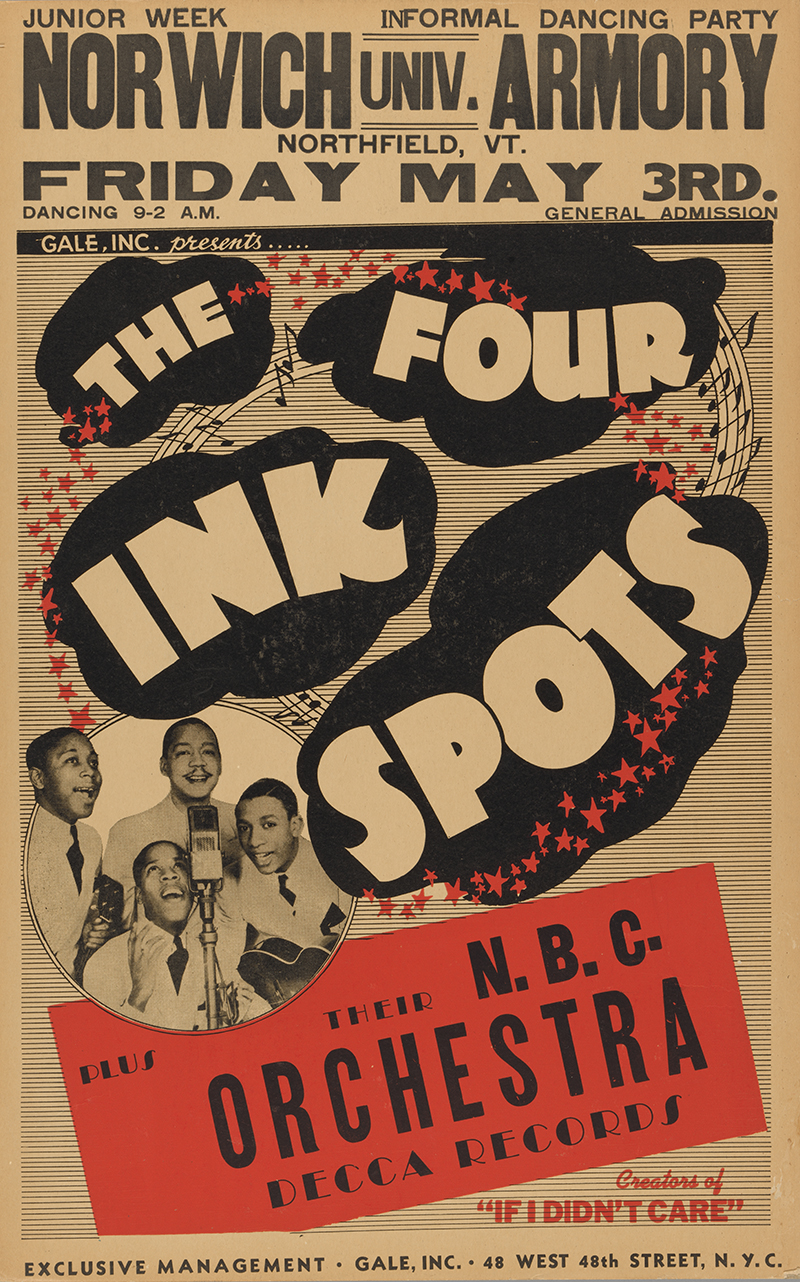 Poster on heavy cardboard stock advertising a performace of The Four Ink Spots plus the N.B.C. Orchestra in Northfield, VT at the Norwich University Armory on May 3rd.